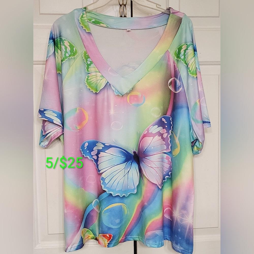 Pastel Butterfly V-Neck Tunic Top